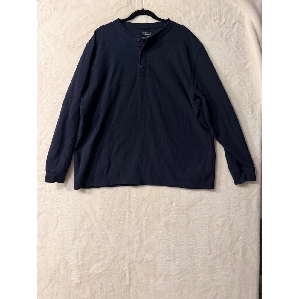 LL‎ Bean Mens XXL Navy Blue Cotton Long Sleeve Henley Shirt Traditional Fit